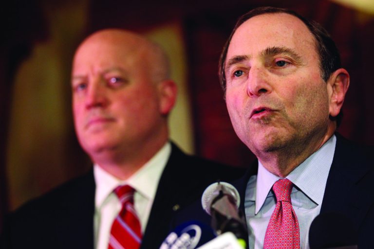 Mary Altaffer/AP
NHL commissioner Gary Bettman, right, and deputy commissioner Bill Daly speak to reporters on Thursday. The NHL has rejected the players' latest offer for a labor deal and negotiations have broken off at least until the weekend.