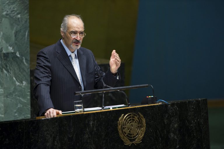 In this photo provided by the United Nations, Syria's U.N. Ambassador Bashar Ja'afari addresses the United Nations General Assembly, Wednesday May 15, 2013. The U.N. General Assembly approved an Arab-backed resolution calling for a political transition in Syria and strongly condemning President Bashar Assad's regime for its escalating use of heavy weapons.The resolution, which is not legally binding, was adopted by a vote of 107-12 with 59 abstentions. (AP Photo/United Nations, Evan Schneider)