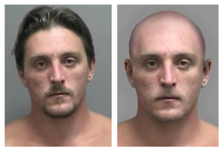 Joseph Jakubowski's mug shot at left and an altered image the FBI made to show Jakubowski with his head and facial hair shaved off. Authorities released the modified mug shot of Jakubowski, because the FBI believes he may have altered his appearance. More than 150 state and federal law enforcement officers have been searching for Jakubowski since April 4, when they believe he took 18 firearms from a gun store in Janesville in southwestern Wisconsin. (FBI via AP)