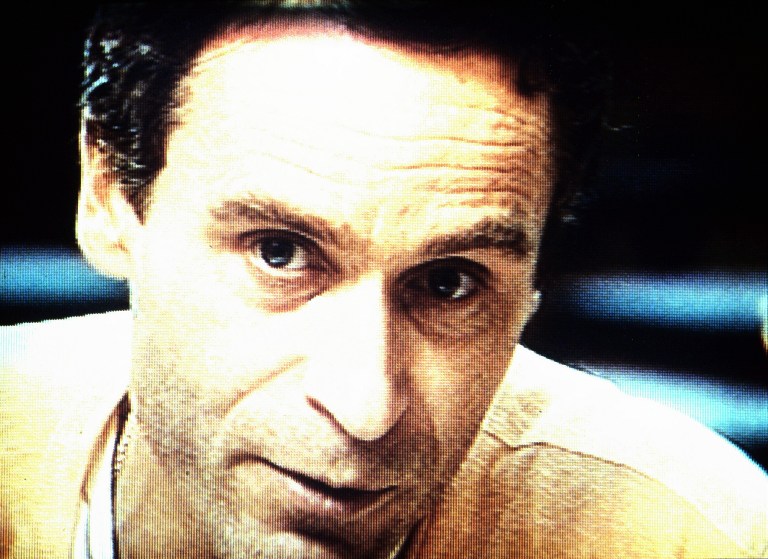 A tearful Ted Bundy discusses his views of violence and sex during a taped interview with Dr. James Dobson in Florida, Jan. 23, 1989. (AP/Mark Foley)