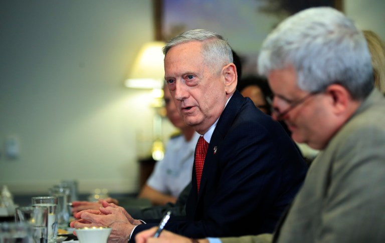 Mattis spent over an hour updating House members on the campaign and what he called a growing coalition of allies. (AP Photo/Manuel Balce Ceneta)