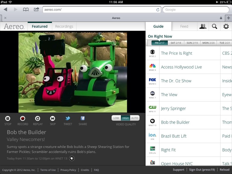 FILE - This file image provided by Aereo shows a streaming broadcast of Bob the Builder on the New York PBS station, WNET 13. The Supreme Court on Wednesday, June 25, 2014 ruled that Aereo has to pay broadcasters when it takes television programs from the airwaves and allows subscribers to watch them on smartphones and other portable devices.  (AP Photo/Aereo, File)