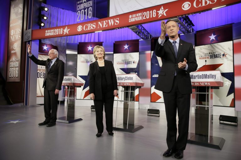 Democratic presidential candidates Bernie Sanders, left, Hillary Rodham Clinton and Martin O'Malley at a recent debate. (AP Photo/Charlie Neibergall)