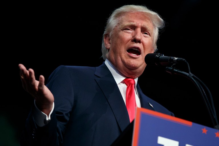 A new poll shows Donald Trump is trailing behind his Democratic rival by double digits in Pennsylvania, one of the states the billionaire businessman is hoping to win in order to narrowly win the November election. (AP Photo/Evan Vucci)