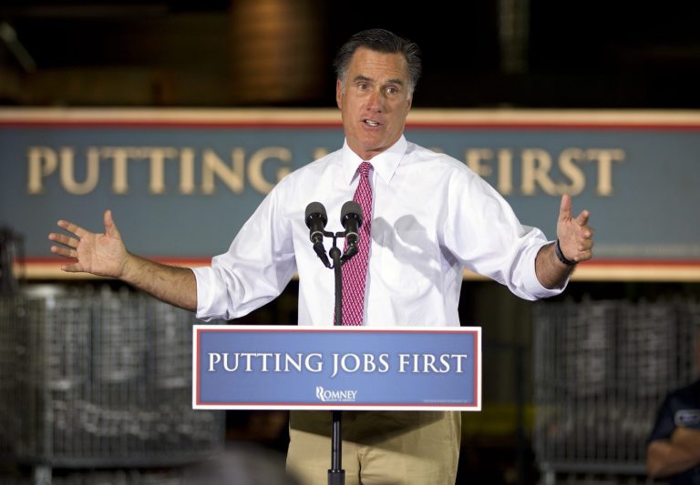   Republican presidential candidate, former Massachusetts Gov. Mitt Romney gestures during a campaign stop at Seilkop Industries in Cincinnati, Ohio, Thursday, June 14, 2012. (AP Photo/Evan Vucci)  