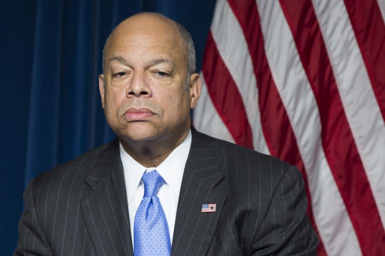 Homeland Security Secretary Jeh Johnson pauses during a ceremony in Washington, Monday, March 16, 2015, to sign a preclearance agreement as part of the Beyond the Border Initiative with Canadian Minister of Public Safety and Emergency Preparedness Steven Blaney. (AP Photo/ Evan Vucci)