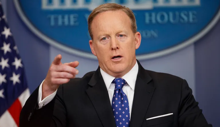 White House press secretary Sean Spicer on Friday did not deny the existence of secret recordings of conversations between President Trump and former FBI Director James Comey. (AP Photo/Evan Vucci)