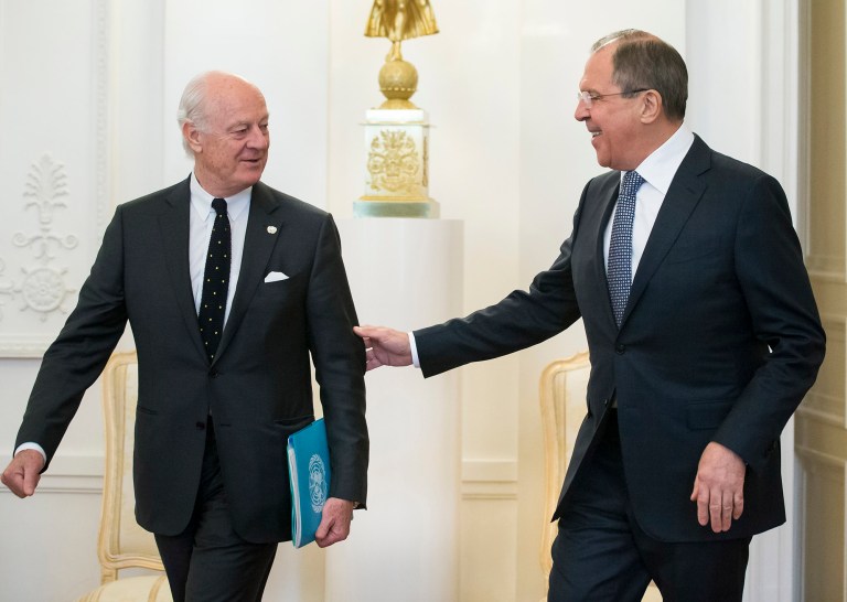 The United Nations' envoy for Syria and Russia's foreign minister have began talks in Moscow about strengthening the faltering cease-fire in Syria. (AP Photo/Alexander Zemlianichenko)