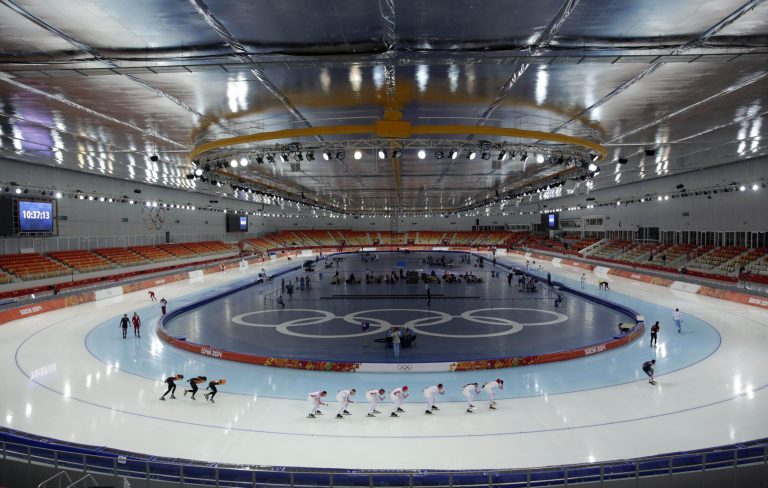 Speedskaters from various countries train at the Adler Arena Skating Center during the 2014 Winter Olympics in Sochi, Russia, Wednesday, Feb. 5, 2014. (AP Photo/Matt Dunham)