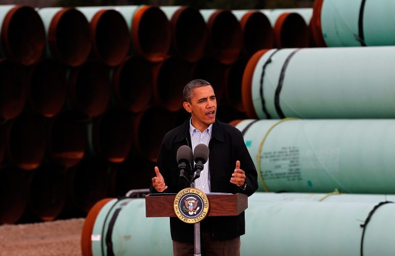 CUSHING, OK - MARCH 22: U.S. President Barack Obama speaks at the southern site of the Keystone XL pipeline on March 22, 2012 in Cushing, Oklahoma. Obama is pressing federal agencies to expedite the section of the Keystone XL pipeline between Oklahoma and the Gulf Coast. (Photo by Tom Pennington/Getty Images)