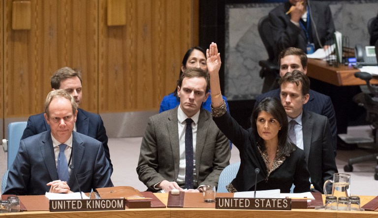 U.S. Ambassador to the United Nations Nikki Haley votes against a resolution concerning Jerusalem's status at U.N. headquarters. (Eskinder Debebe/United Nations via AP)