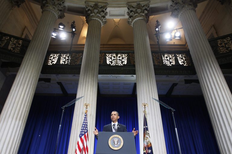   FILE - In the Sept. 14, 2009, file photo President Barack Obama speaks about the financial crisis on the anniversary of the collapse of Lehman Brothers at Federal Hall on Wall Street in New York. After weeks of intense focus on the crisis in Syria, the White House is set to use the five-year anniversary of the Lehman Bros. Sept. 15, 2008, bankruptcy filing next week to lay claim to an economic turnaround and to press congressional Republicans to not use the threat of a shutdown or a unprecedented debt default to extract a delay of President Barack Obama's signature health care. (AP Photo/Charles Dharapak, File)  