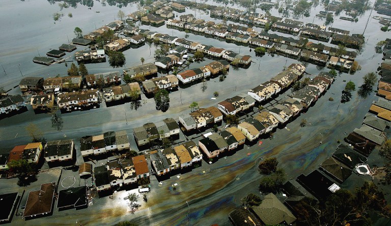 An aerial view of a flooded neighborhood on the east side of New Orleans, La., on Sept. 1, 2005, after Hurricane Katrina passed through the area. (AP Photo/Phil Coale)