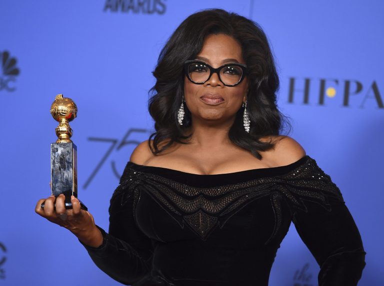 Oprah Winfrey poses in the press room with the Cecil B. DeMille Award at the 75th annual Golden Globe Awards at the Beverly Hilton Hotel on Sunday, Jan. 7, 2018, in Beverly Hills, Calif. (Photo by Jordan Strauss/Invision/AP)