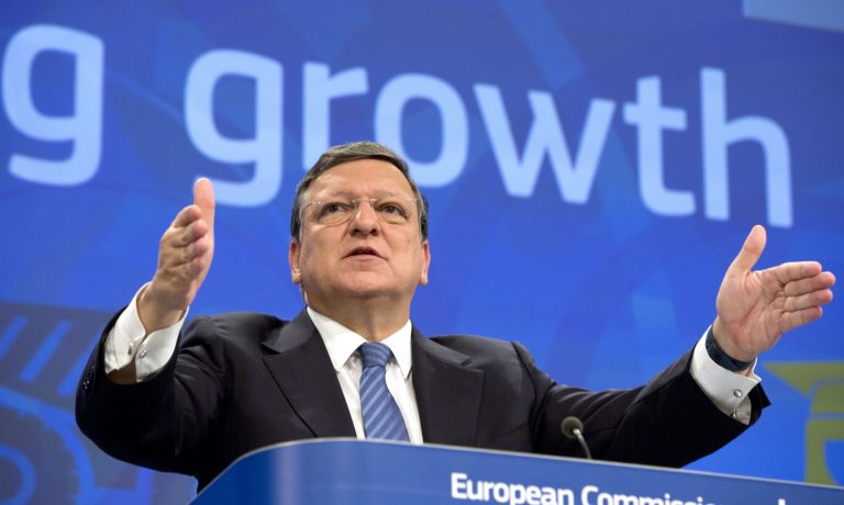European Commission President Jose Manuel Barroso answers questions from journalists during a media conference at EU headquarters in Brussels Monday, June 2, 2014. The European Commission, on Monday, adopted a series of economic policy recommendations to individual Member States. The recommendations are based on detailed analyses of each country's situation and provide guidance on how to boost growth, increase competitiveness and create jobs in 2014-2015. (AP Photo/Virginia Mayo)
