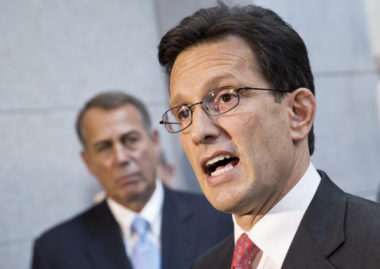 House Majority Leader Eric Cantor, R-Va., with House GOP leaders, speaks with reporters following a Republican strategy session, at the Capitol in Washington, Tuesday, Oct. 15, 2013. At left is Speaker of the House John Boehner, R-Ohio. House GOP leaders Tuesday floated a plan to fellow Republicans to counter an emerging Senate deal to reopen the government and forestall an economy-rattling default on U.S. obligations. But the plan got mixed reviews from the rank and file and it was not clear whether it could pass the chamber. (AP Photo/J. Scott Applewhite)