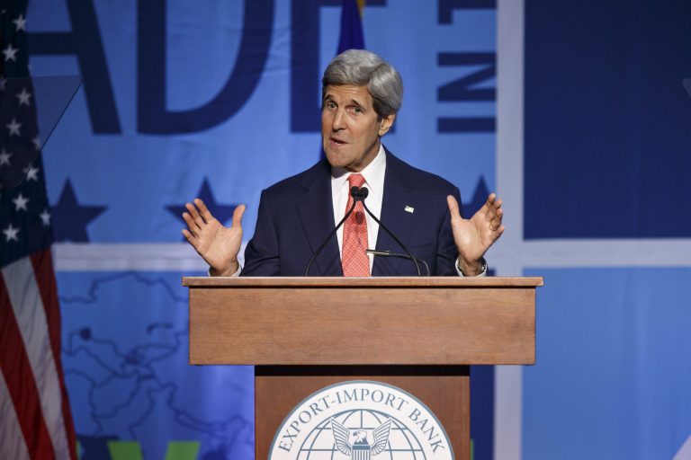 Secretary of State John Kerry addresses a gathering of the Export-Import Bank at the Omni-Shoreham Hotel in Washington, Thursday, April 24, 2014.  (AP Photo/J. Scott Applewhite)
