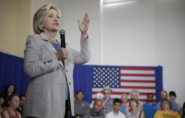 Democratic presidential candidate Hillary Clinton speaks during a campaign event in Ames, Iowa. (AP Photo/Charlie Neibergall)