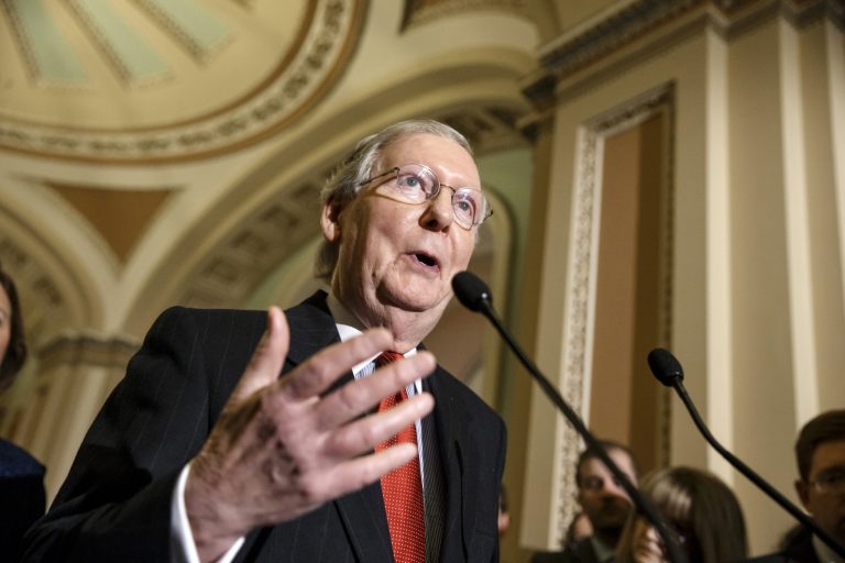 Senators are hoping to vote on legislation approving the Keystone XL pipeline this week after Democrats blocked a procedural move, Senate Majority Leader Mitch McConnell said Tuesday. (AP Photo/J. Scott Applewhite)