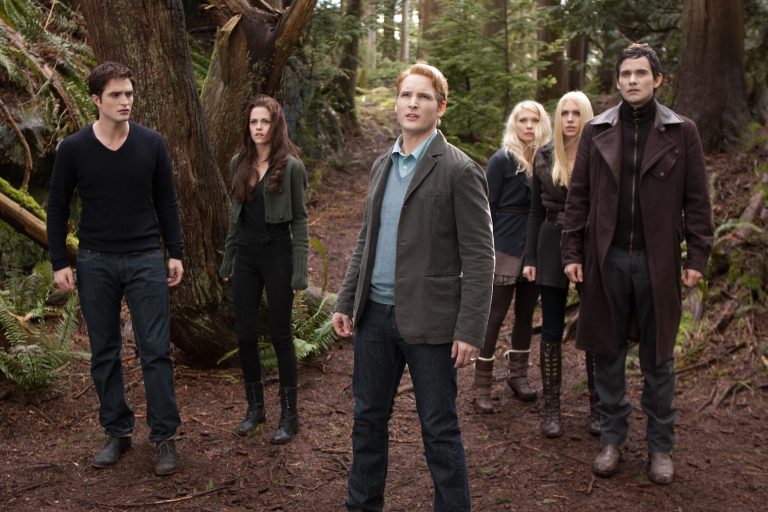This film image released by Summit Entertainment shows, from left, Robert Pattinson, Kristen Stewart, Peter Facinelli, MyAnna Buring, Casey LaBow and Christian Camargo in a scene from 