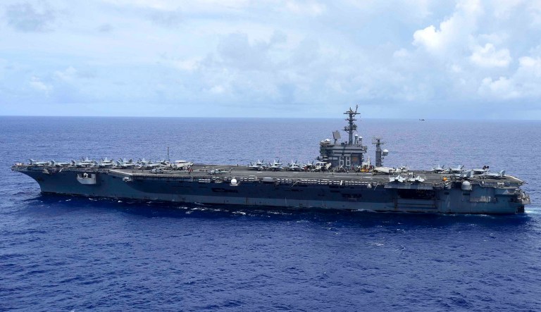 An Iranian drone made several passes near the aircraft carrier USS Nimitz. (U.S. Navy photo by Mass Communication Specialist 3rd Class Weston A. Mohr/Released)