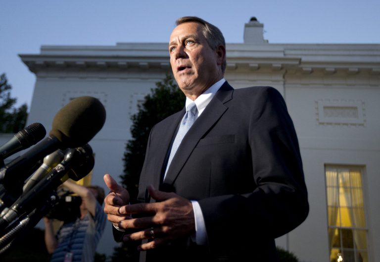   House Speaker John Boehner, R-Ohio, speaks to reporters following a meeting with President Barack Obama at the White House in Washington, Wednesday, Oct. 2, 2013. (AP Photo/Manuel Balce Ceneta)  