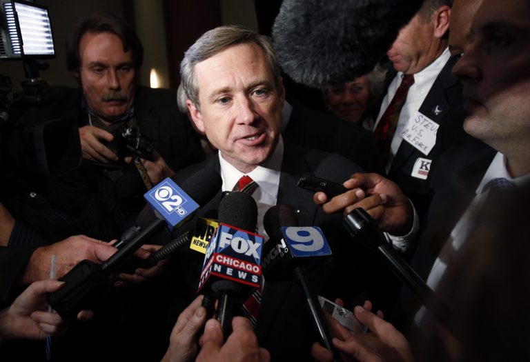   FILE - In this file photo taken Wednesday Nov. 3, 2010, in Wheeling, Ill., Illinois Sen.-elect Mark Kirk, R-Ill., speaks to media as he celebrates his election win. Nearly a year after a stroke left him barely able to move the left side of his body, U.S. Sen. Mark Kirk is expected to climb the 45 steps to the Senateâs front door this week _ a walk thatâs significant not just for Illinoisâ junior senator, but also for medical researchers and hundreds of thousands of stroke patients. (AP Photo/Nam Y. Huh)  
