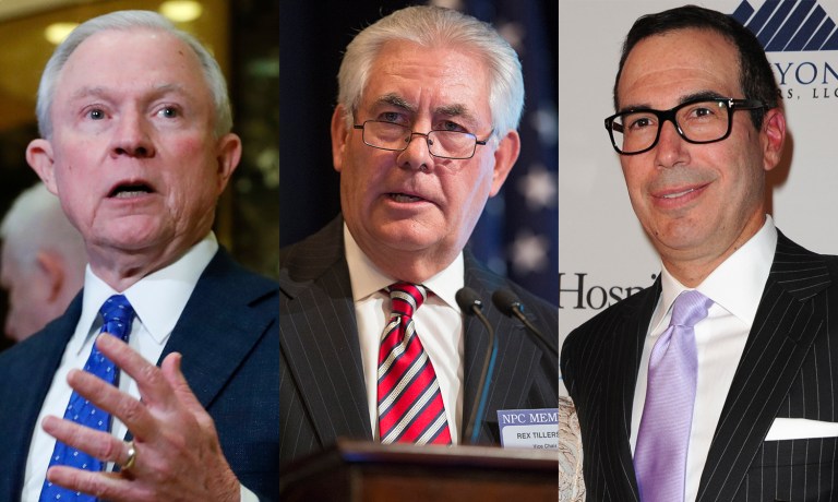 Sen. Jeff Sessions, Trump's pick for attorney general, ExxonMobil CEO Rex Tillerson, nominee for secretary of state, and Steve Mnuchin, nominee for Treasury secretary. (AP Photo/Evan Vucci)