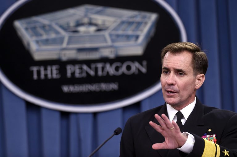 Pentagon press secretary Navy Rear Adm. John Kirby speaks during a briefing at the Pentagon Sept. 2.Â Kirby defended the progress made with the U.S.-led effort to fight the Islamic State.Â (AP Photo/Susan Walsh)