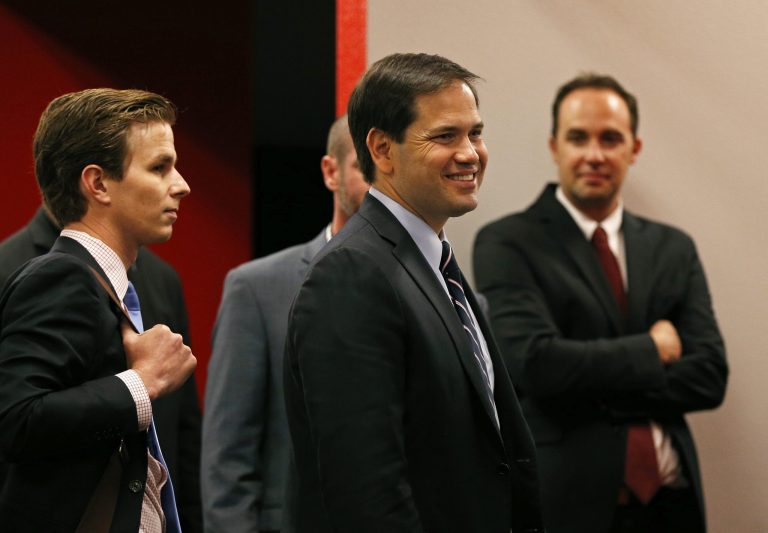 Republican presidential candidate, Sen. Marco Rubio, R-Fla., meets with people during a technology roundtable at the Switch Innovation Center, Friday, May 29, 2015, in Las Vegas. (AP Photo/John Locher)