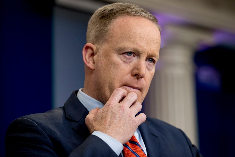 White House press secretary Sean Spicer pauses while talking to the media during the daily press briefing at the White House in Washington, Tuesday, April 11, 2017. (AP Photo/Andrew Harnik)