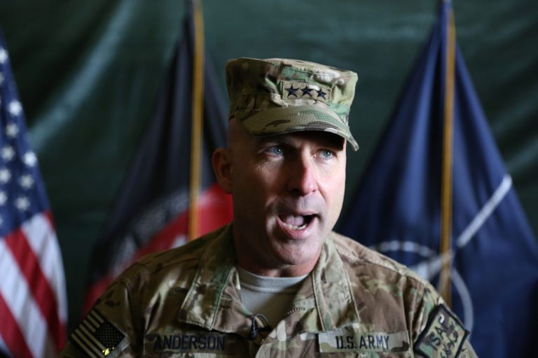 Lt. Gen. Joseph Anderson speaks during a change of command ceremony at the International Security Assistance Force (ISAF) Base in Kabul, Afghanistan, Saturday, Feb. 8, 2014. The incoming No. 2 American commander in Afghanistan, Lt. Gen. Anderson, said his immediate focus is on supporting Afghan elections - not on the possibility of U.S. troops remaining after the NATO-led combat mission ends. (AP Photo/Rahmat Gul)