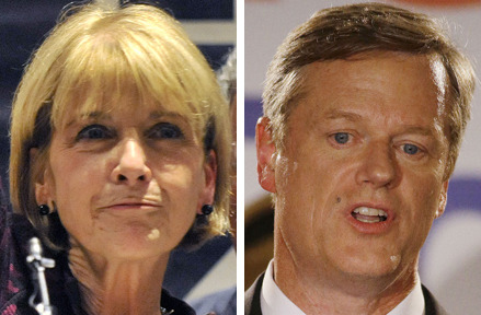 The survey, released Sunday, found state Attorney General Martha Coakley, a Democrat, and Republican challenger Charlie Baker each with 42 percent of support among likely voters in the Bay State. (AP Photos)