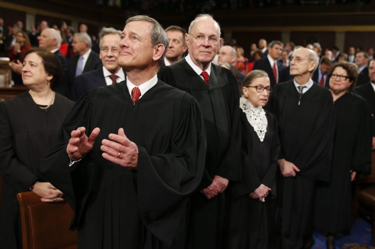 Supreme Court Justice Elena Kagan, from left, Chief Justice John Roberts, Justice Anthony Kennedy, Justice Ruth Bader Ginsburg, Justice Stephen Breyer, and Justice Sonia Sotomayor. (AP Photo/Evan Vucci)
