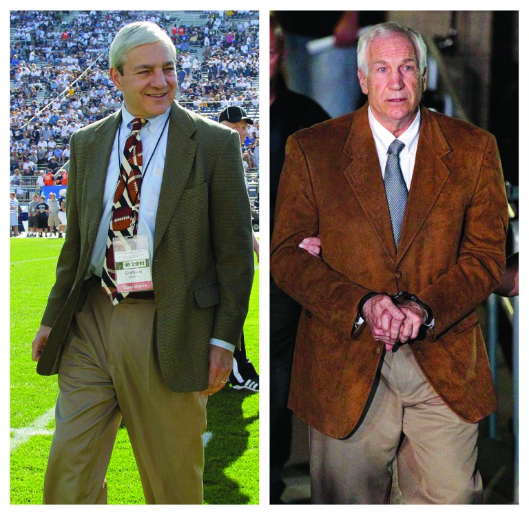 In this photo combo, at left, in an Oct. 8, 2011 file photo, Penn State president Graham Spanier walks on the field before an NCAA college football game in State College, Pa. At right, former Penn State University assistant football coach Jerry Sandusky leaves the Centre County Courthouse in custody after being found guilty of multiple charges of child sexual abuse in Bellefonte, Pa., Friday, June 22, 2012. A potentially explosive report into whether football coach Joe Paterno and other top Penn State officials took steps to conceal that Sandusky was a child molester will be released Thursday _ online for all to see, officials said Tuesday, July 10, 2012. (AP Photo/Gene J. Puskar, File)