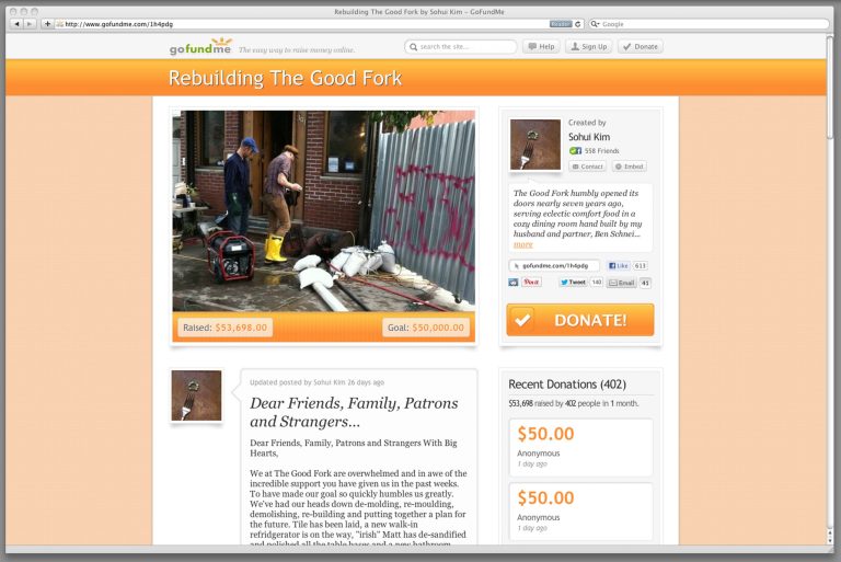   This Dec. 19, 2012 image shows a frame grab of gofundme.com. This web page solicits donations to rebuild a New York restaurant, The Good Fork. In the aftermath of Superstorm Sandy, some who lost their homes or businesses have turned to crowd-funding websites. (AP Photo/gofundme.com)  