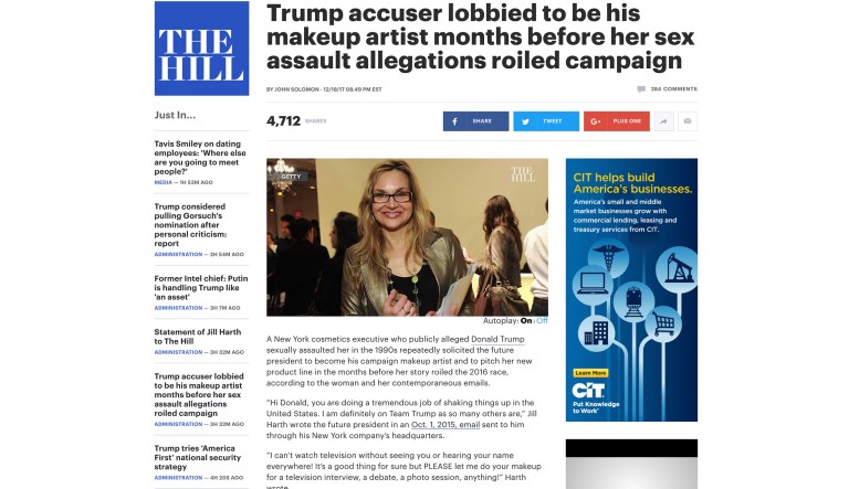 On Monday, the Hill published a piece delineating Jill Harth's attempts to become President Trump's makeup artist in emails, and noted the email language was dramatically different than that in the sexual misconduct lawsuit Harth had filed. (screenshot)
