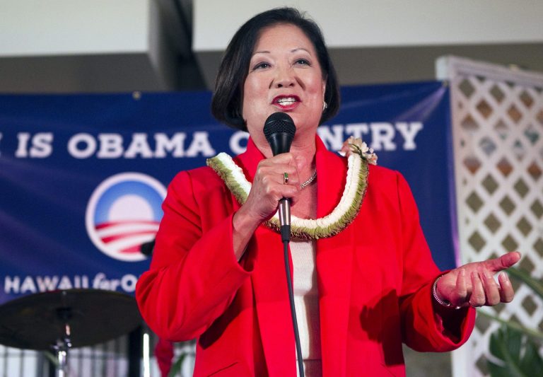 U.S. Rep. Maize Hirono gives a victory speech at the Japanese Cultural Center, Tuesday, Nov. 6, 2012 in Honolulu. (AP Photo/Marco Garcia)