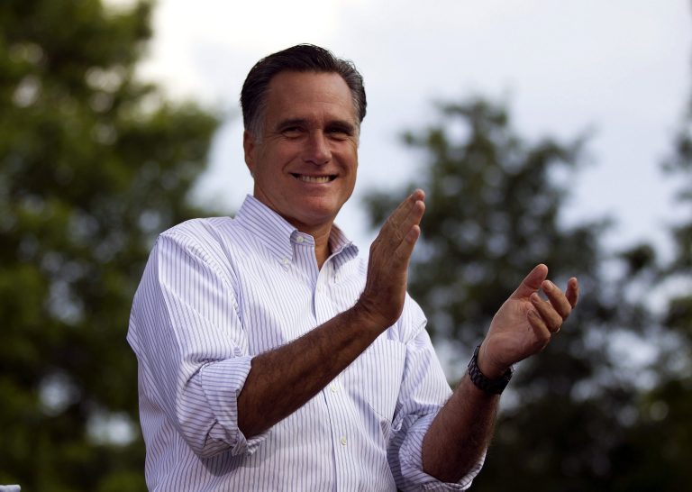   Republican presidential candidate, former Massachusetts Gov. Mitt Romney applauds during a campaign stop at Cornwall Iron Furnace on Saturday, June 16, 2012, in Cornwall, Pa. (AP Photo/Evan Vucci)  