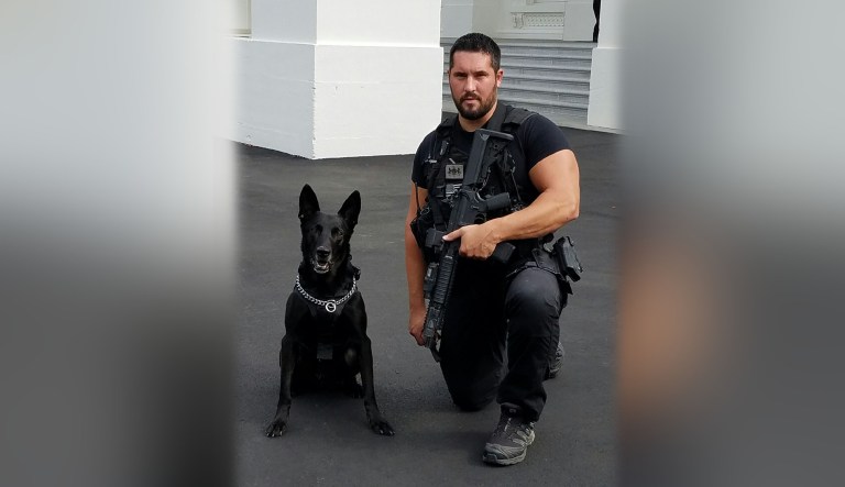 A dog named Hurricane (pictured left) is seen with Marshall Mirarchi, his former handler.