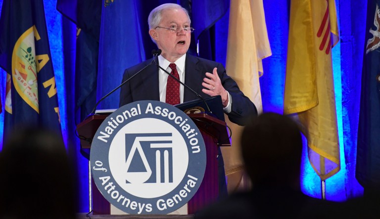 Speaking to the National Association of Attorneys General, Sessions said he believes bump stocks — an attachment that enables a semi-automatic rifle to fire at a rate similar to an automatic firearm — can be effectively banned through regulation. (AP Photo/Susan Walsh)