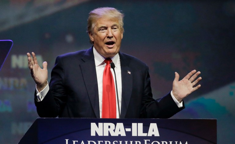 Presumptive Republican presidential nominee Donald Trump appears to buy into the Democrats' case for new gun limits to fight terror. (AP Photo/Mark Humphrey)
