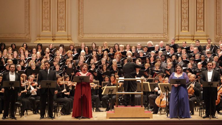   In this Dec. 5, 2012 photo provided by Carnegie Hall, soloists from left, Nicholas Houhoulis, Nicholas Pallesen, Jamie Barton, Angela Meade and Michael Spyres, perform Bellini's 