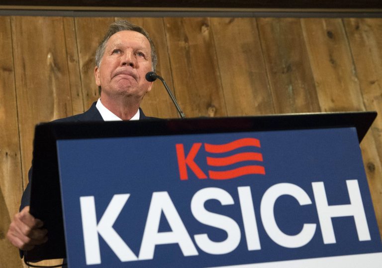 Republican presidential candidate Ohio Gov. John Kasich speaks at The Franklin Park Conservatory & Botanical Gardens, Wednesday, May 4, 2016, in Columbus. Ohio. Kasich announced the end of his White House bid. (AP Photo/John Minchillo)