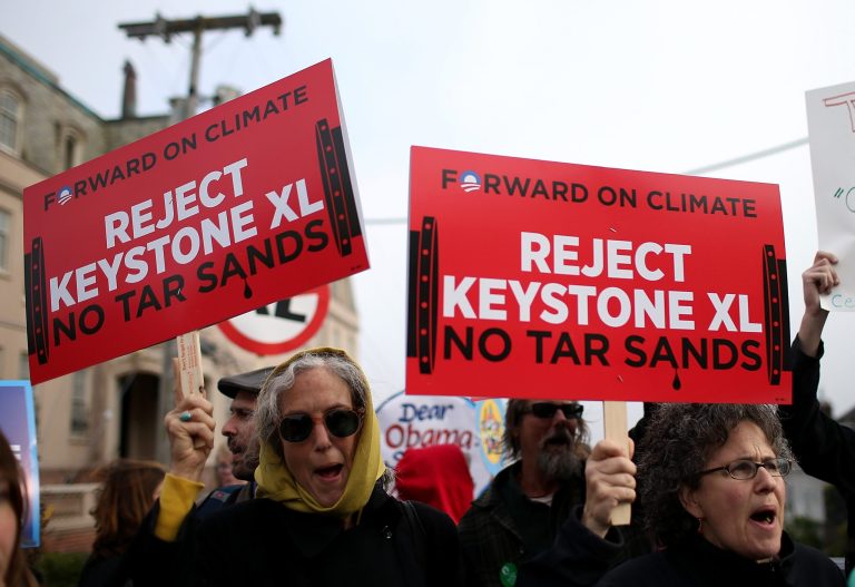 Demonstrators against the Keystone XL pipeline protest near the site of a fundraiser attended by President Obama at the home of Ann and Gordon Getty on April 3. (Photo by Justin Sullivan/Getty Images)