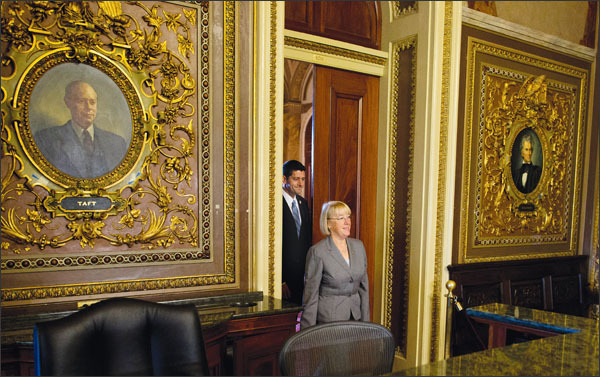 Rep. Paul Ryan, R-Wisc., left, and Sen. Patty Murray, D-Wash., emerge from an initial meeting of the budget conference committee at the Capitol. (Evan Vucci/AP)