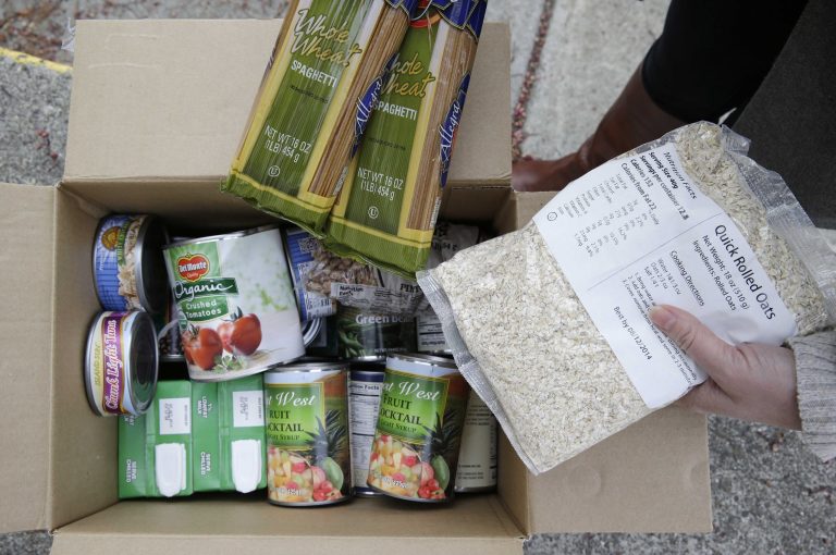 This photo taken Jan. 8, 2014, shows the contents of a specially prepared box of food at a food bank distribution, as part of a research project with Feeding America to try to improve the health of diabetics in food-insecure families.