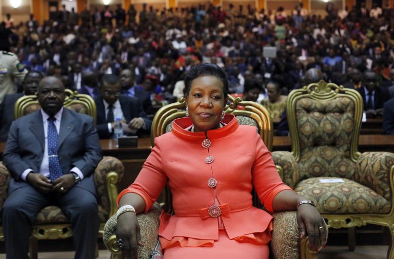 Central African Republic's interim President Catherine Samba-Panza sits in the parliament building before taking the oath of office in Bangui, Central African Republic, Thursday Jan. 23, 2014. Samba-Panza pledged to bring peace and unity to the anarchic country as looters in the streets pillaged Muslim neighborhoods in the latest sign of escalating sectarian tensions.(AP Photo/Jerome Delay)