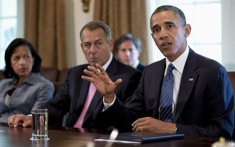 President Barack Obama speaks to the media in the Cabinet Room of the White House in Washington, Tuesday, Sept. 3, prior to a meeting with Congressional leaders to discuss the situation in Syria. From left are, National Security Adviser  Susan Rice and House Speaker John Boehner of Ohio. (AP/Carolyn Kaster)