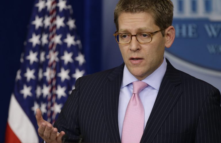   Press Secretary Jay Carney briefs reporters at the White House in Washington, Monday, Dec. 17, 2012. Carney says the president will engage the American people and lawmakers on the issue of gun violence in the coming weeks. (AP Photo/Charles Dharapak)  